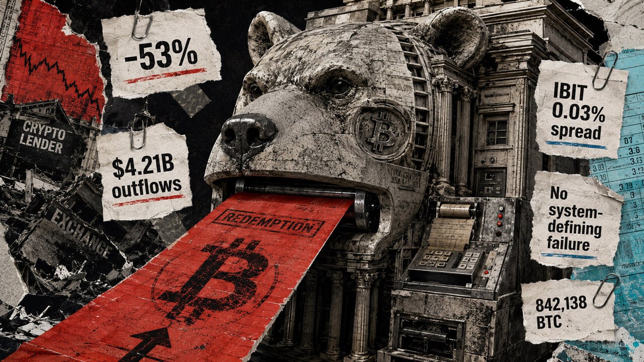 Stone bear-shaped Wall Street machine prints a red Bitcoin redemption slip beside ETF outflow and 53% drawdown figures.