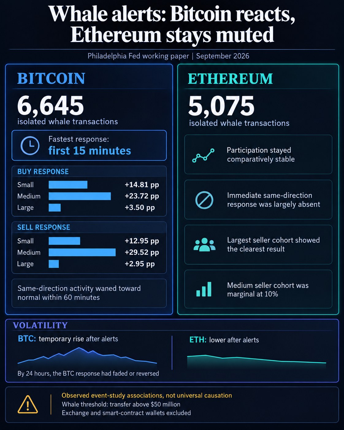 Infographic comparing Bitcoin and Ethereum wallet responses after whale alerts, including isolated samples, first-15-minute Bitcoin participation estimates, muted Ethereum response, volatility patterns and study limitations.