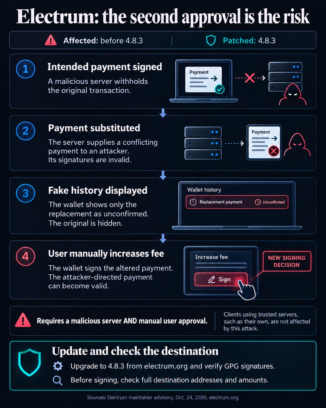 Electrum attack flow: a malicious server hides the original payment and substitutes an invalid attacker payment; a manual fee increase supplies fresh signatures. Trusted-server clients are exempt from this attack.